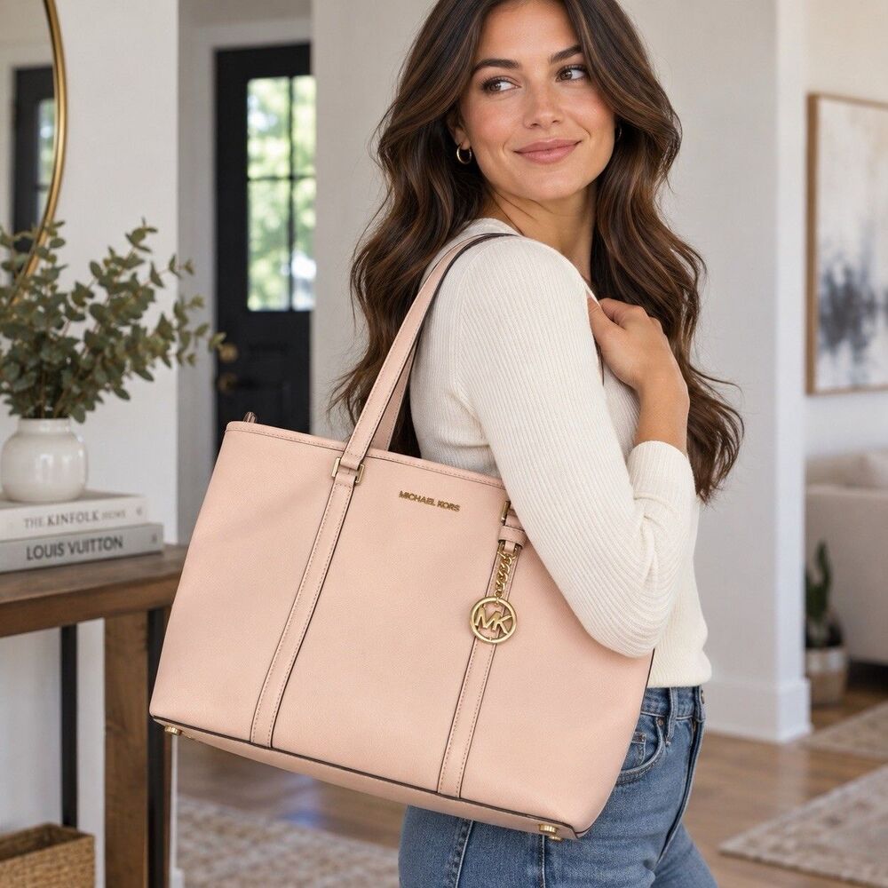 Michael Kors SADY Light Pink Leather Bag Notebook Laptop Tote Shoulder Bag Gold